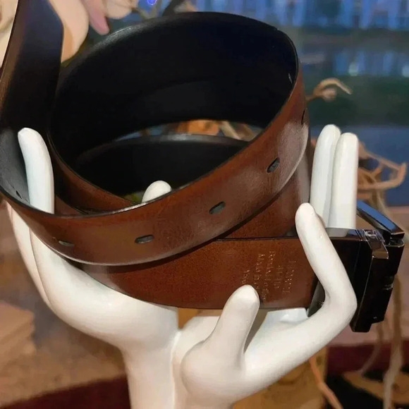 Perry Ellis Men’s Black Brown Reversible Leather Belt Gun Metal Square Buckle - Picture 12 of 16